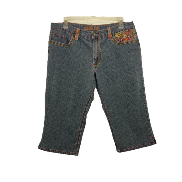 Brighton Blues Bermuda Jeans Women’s 12 Colorful Embroidery Stretch Cotton - Picture 2 of 9